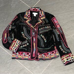 Coldwater Creek Black Velvet Embroidered Jacket Size Medium Hidden Snaps